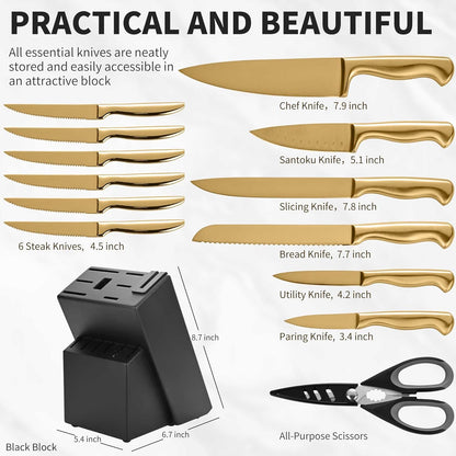 Black Knives Set, 15-Piece Stainless Steel Kitchen Knife Block Sets with Built-In Sharpener, Professional Knife Set with Scissors, Steak Knives