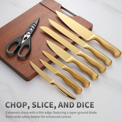 Black Knives Set, 15-Piece Stainless Steel Kitchen Knife Block Sets with Built-In Sharpener, Professional Knife Set with Scissors, Steak Knives