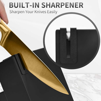 Black Knives Set, 15-Piece Stainless Steel Kitchen Knife Block Sets with Built-In Sharpener, Professional Knife Set with Scissors, Steak Knives