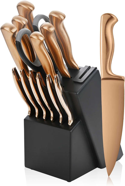 Black Knives Set, 15-Piece Stainless Steel Kitchen Knife Block Sets with Built-In Sharpener, Professional Knife Set with Scissors, Steak Knives