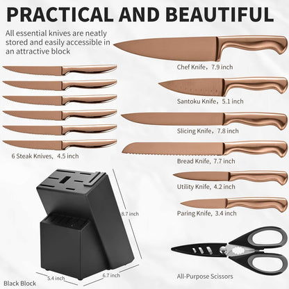Black Knives Set, 15-Piece Stainless Steel Kitchen Knife Block Sets with Built-In Sharpener, Professional Knife Set with Scissors, Steak Knives