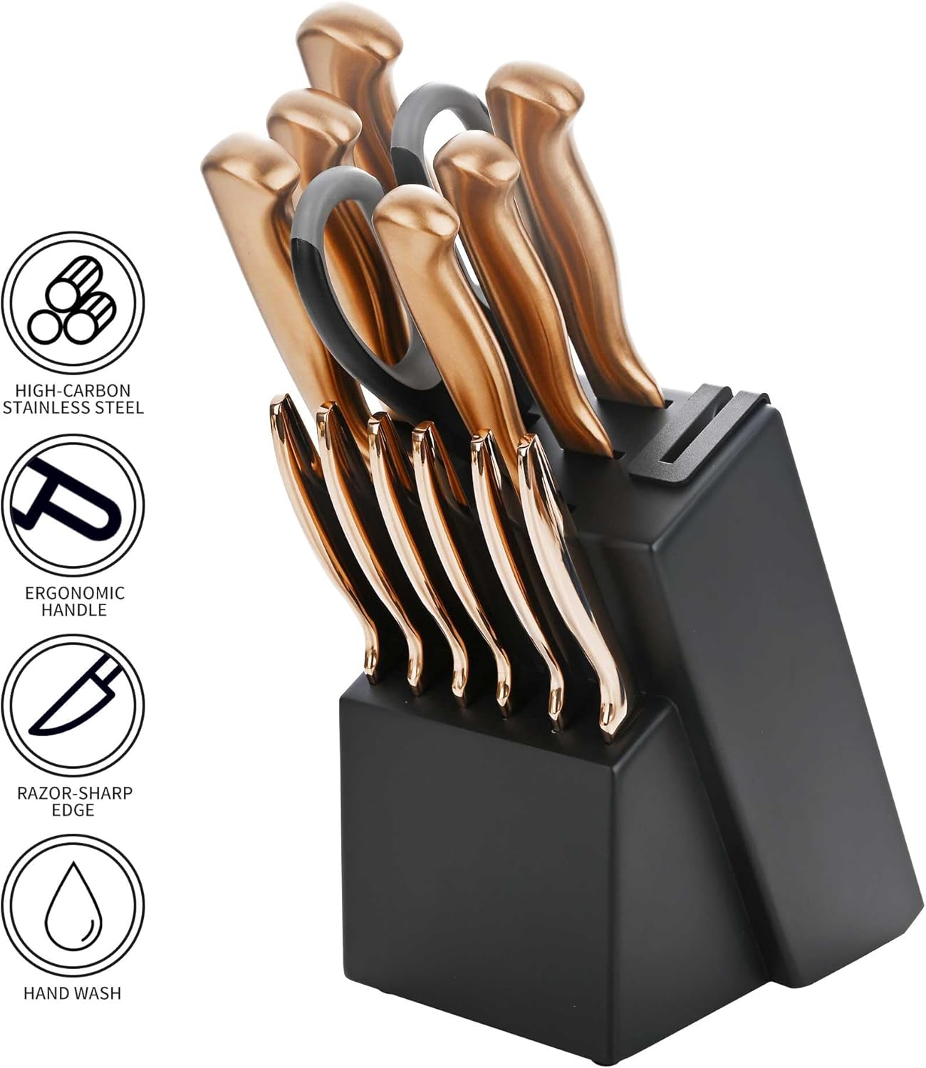 Black Knives Set, 15-Piece Stainless Steel Kitchen Knife Block Sets with Built-In Sharpener, Professional Knife Set with Scissors, Steak Knives