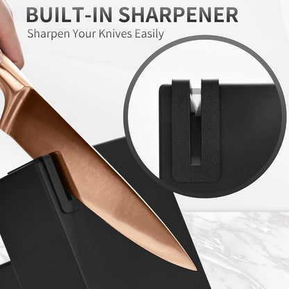 Black Knives Set, 15-Piece Stainless Steel Kitchen Knife Block Sets with Built-In Sharpener, Professional Knife Set with Scissors, Steak Knives