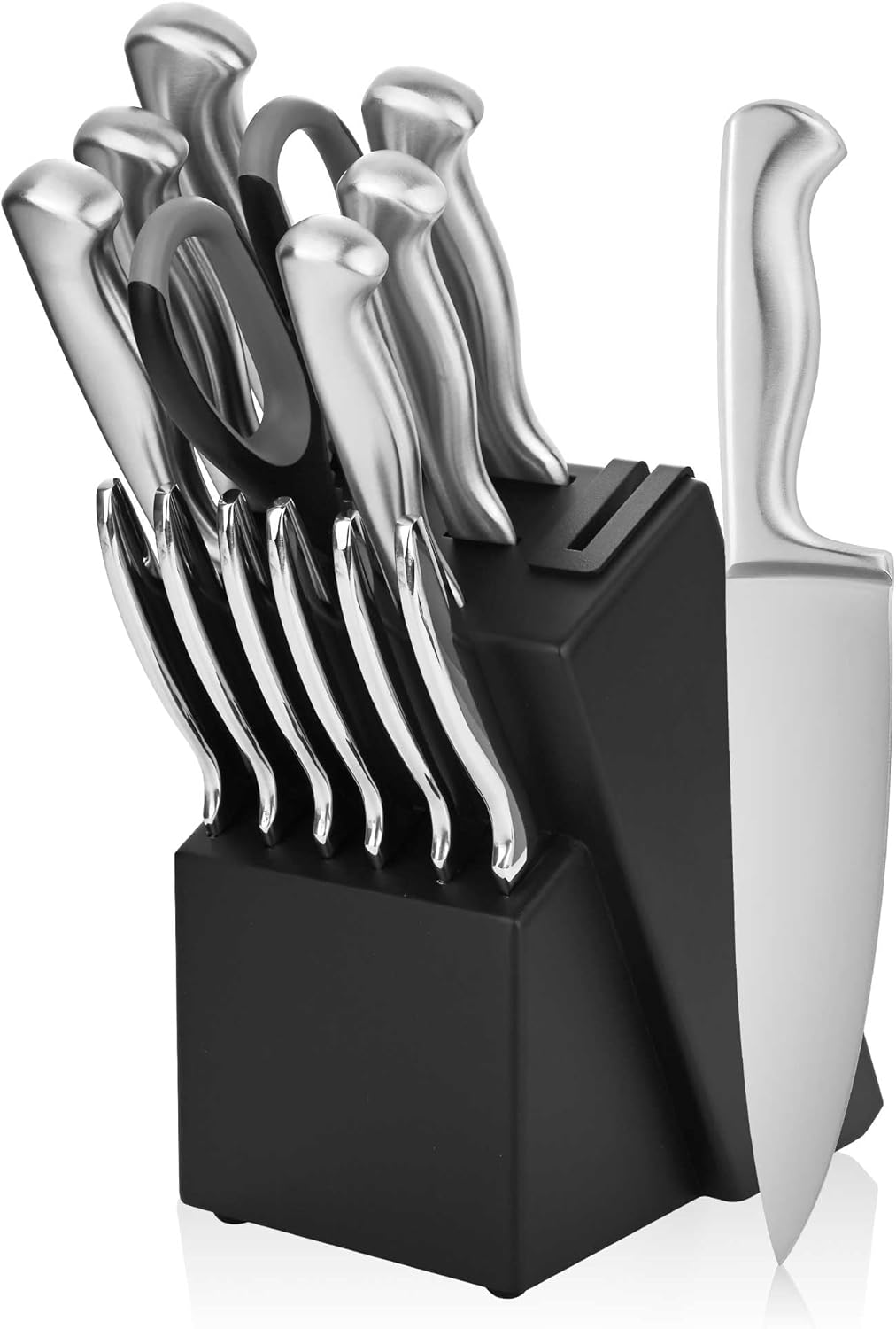 Black Knives Set, 15-Piece Stainless Steel Kitchen Knife Block Sets with Built-In Sharpener, Professional Knife Set with Scissors, Steak Knives