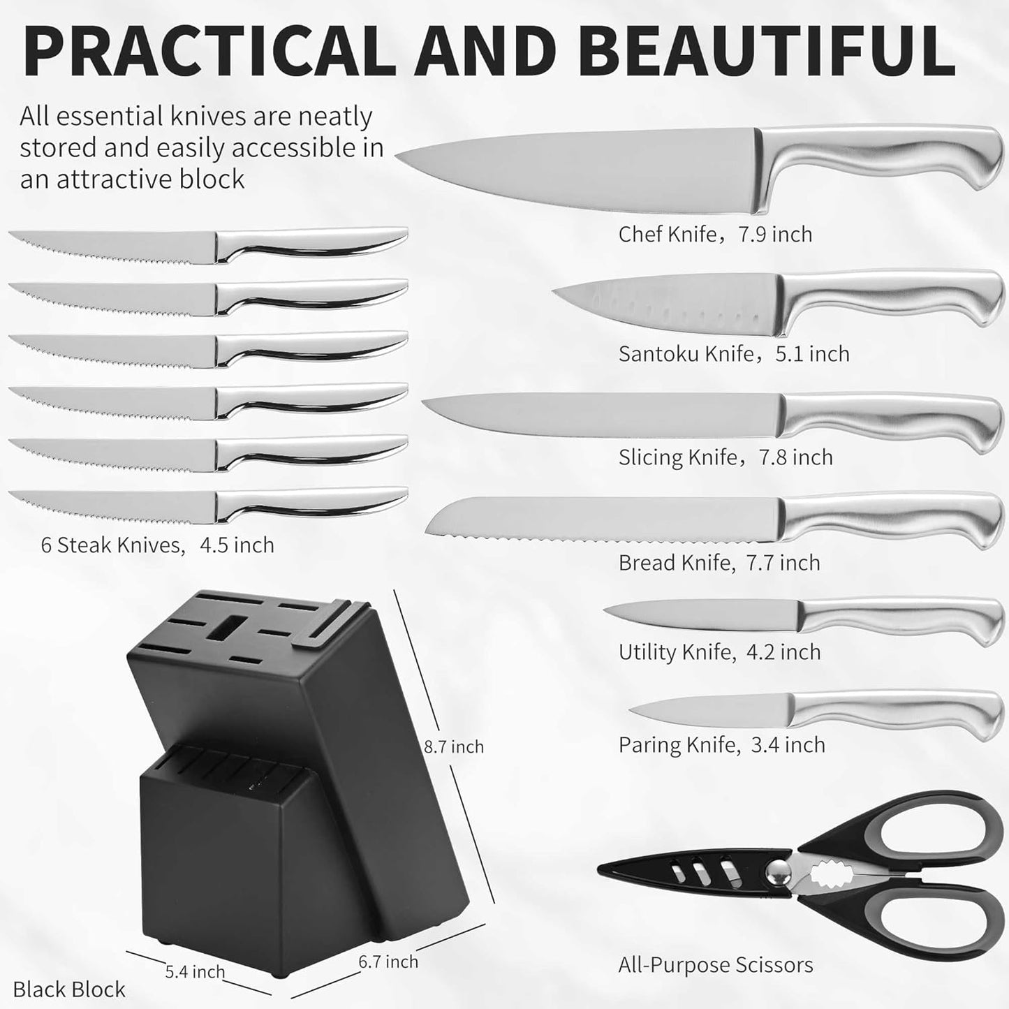 Black Knives Set, 15-Piece Stainless Steel Kitchen Knife Block Sets with Built-In Sharpener, Professional Knife Set with Scissors, Steak Knives
