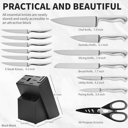 Black Knives Set, 15-Piece Stainless Steel Kitchen Knife Block Sets with Built-In Sharpener, Professional Knife Set with Scissors, Steak Knives