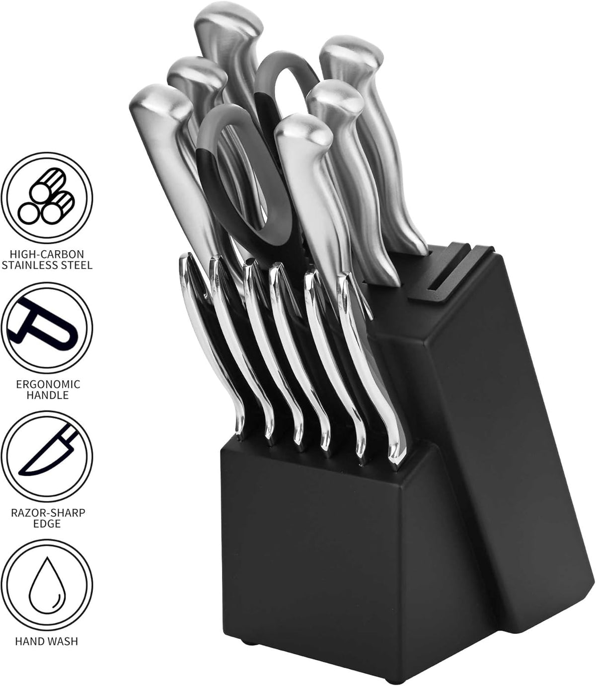 Black Knives Set, 15-Piece Stainless Steel Kitchen Knife Block Sets with Built-In Sharpener, Professional Knife Set with Scissors, Steak Knives