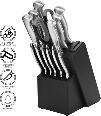 Black Knives Set, 15-Piece Stainless Steel Kitchen Knife Block Sets with Built-In Sharpener, Professional Knife Set with Scissors, Steak Knives