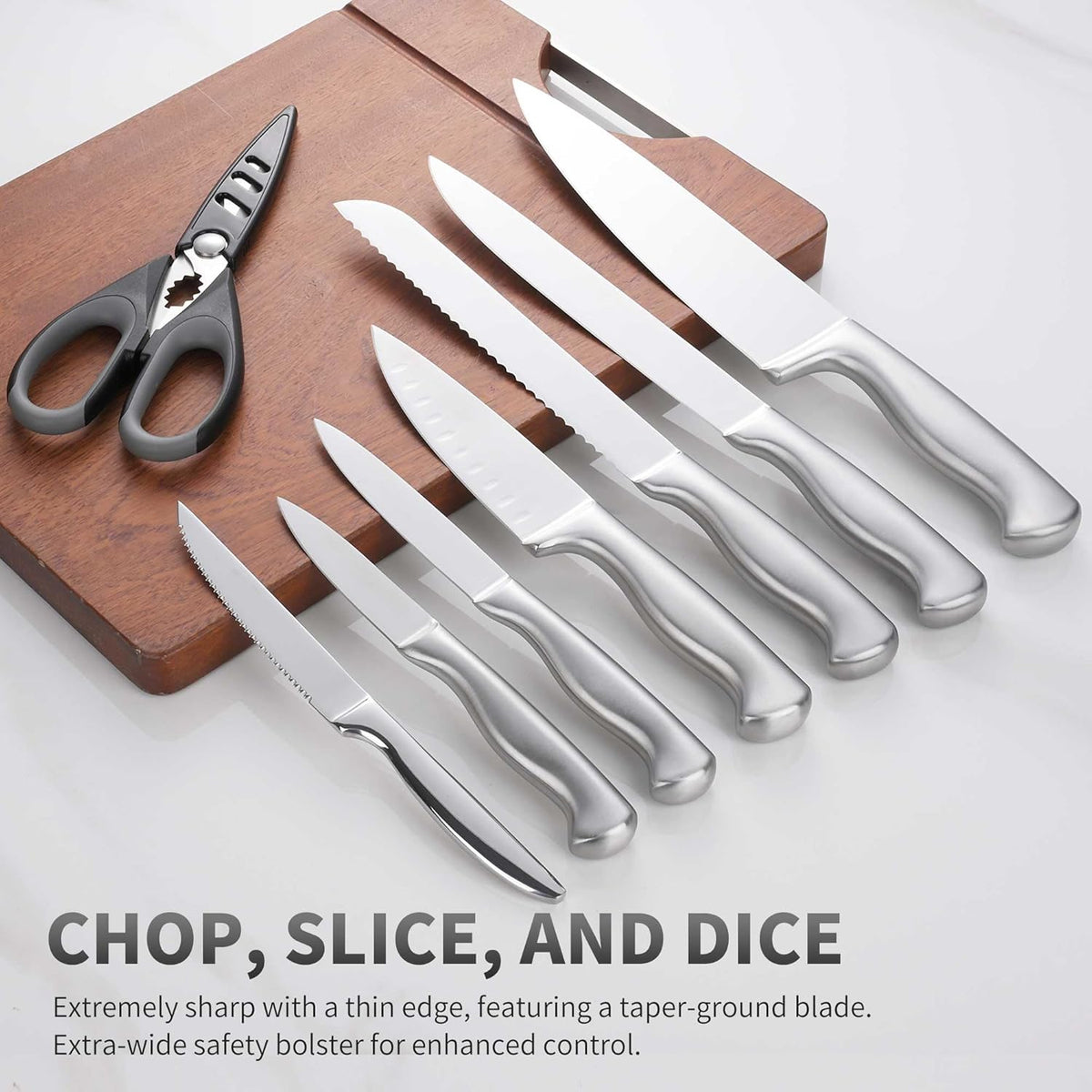 Black Knives Set, 15-Piece Stainless Steel Kitchen Knife Block Sets with Built-In Sharpener, Professional Knife Set with Scissors, Steak Knives