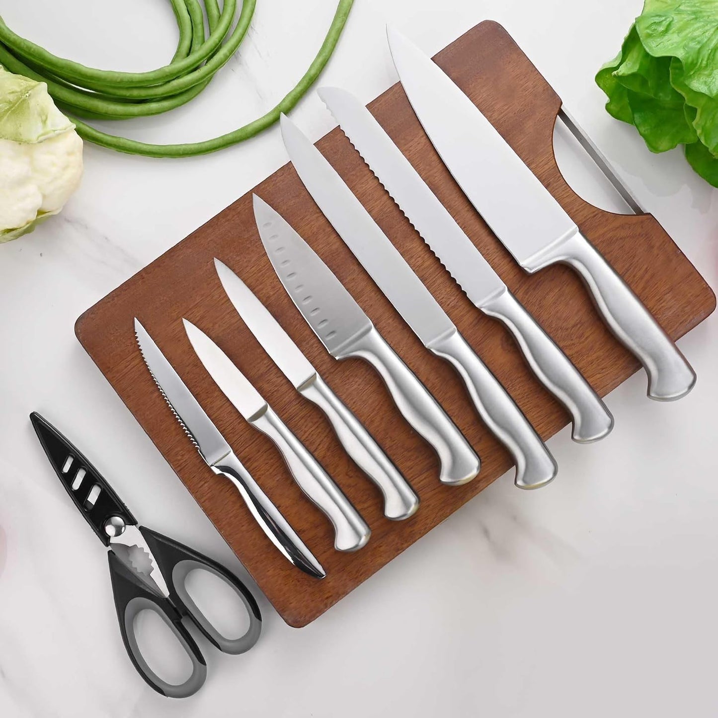 Black Knives Set, 15-Piece Stainless Steel Kitchen Knife Block Sets with Built-In Sharpener, Professional Knife Set with Scissors, Steak Knives