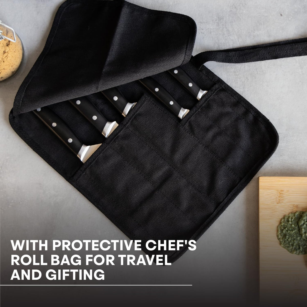 Chef Knife Set with Bag, Knife Roll Set with 5 Professional Quality Kitchen Knives for Precision Home Cooking, High Carbon Stainless Steel Blades & Triple Riveted Handles