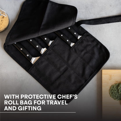 Chef Knife Set with Bag, Knife Roll Set with 5 Professional Quality Kitchen Knives for Precision Home Cooking, High Carbon Stainless Steel Blades & Triple Riveted Handles
