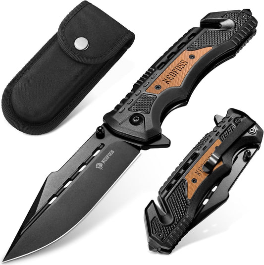 Pocket Knife DA76, 3-in-1 Pocket Knife for Men Box Cutter | 3.7“ 8Cr14MoV Blade Folding Hunting Survival Knife w/ Seat Belt Cutter & Glass Breaker,Tacical Knife Ideal Gift for Men Women