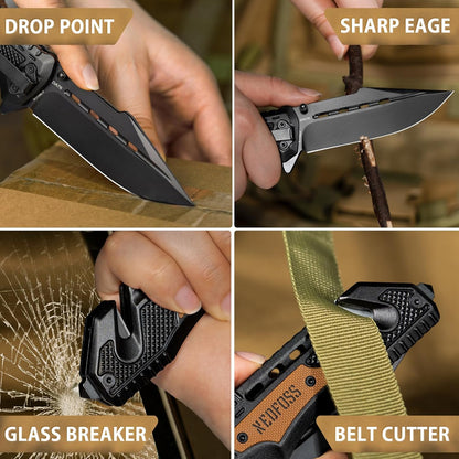 Pocket Knife DA76, 3-in-1 Pocket Knife for Men Box Cutter | 3.7“ 8Cr14MoV Blade Folding Hunting Survival Knife w/ Seat Belt Cutter & Glass Breaker,Tacical Knife Ideal Gift for Men Women
