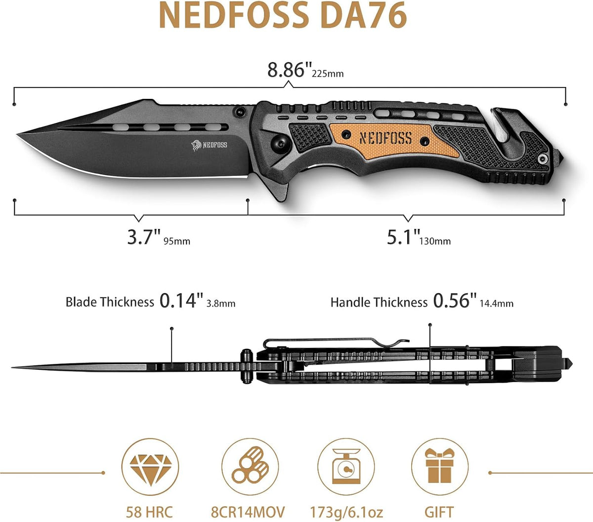 Pocket Knife DA76, 3-in-1 Pocket Knife for Men Box Cutter | 3.7“ 8Cr14MoV Blade Folding Hunting Survival Knife w/ Seat Belt Cutter & Glass Breaker,Tacical Knife Ideal Gift for Men Women