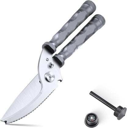 Heavy Duty Kitchen Scissors - Sharp Scissors for Cutting Chicken, Poultry, Turkey, Meat - Stainless Food Kitchen Shears for Professionals - Spring Loaded (Grey)
