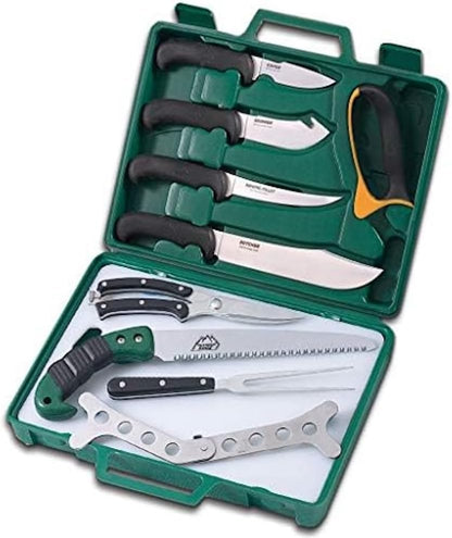 Game Processor, PR-1, Complete 12-Piece Hunting Knife Kit for Processing Big Game, Full Tang 420J2 Stainless Razor Sharp Blades, TPR Non-Slip Handles, Sturdy Hide-Side Storage Case