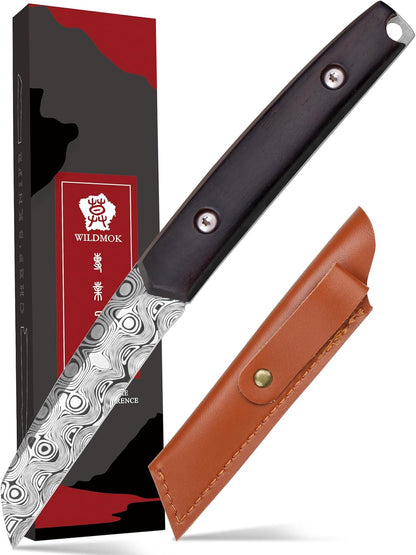 Paring knives Stainless Steel 3.2 Inch Utility Knife Full Tang Fruit Vegetable Cutting Carving Kitchen Knife with Leather Case (A)