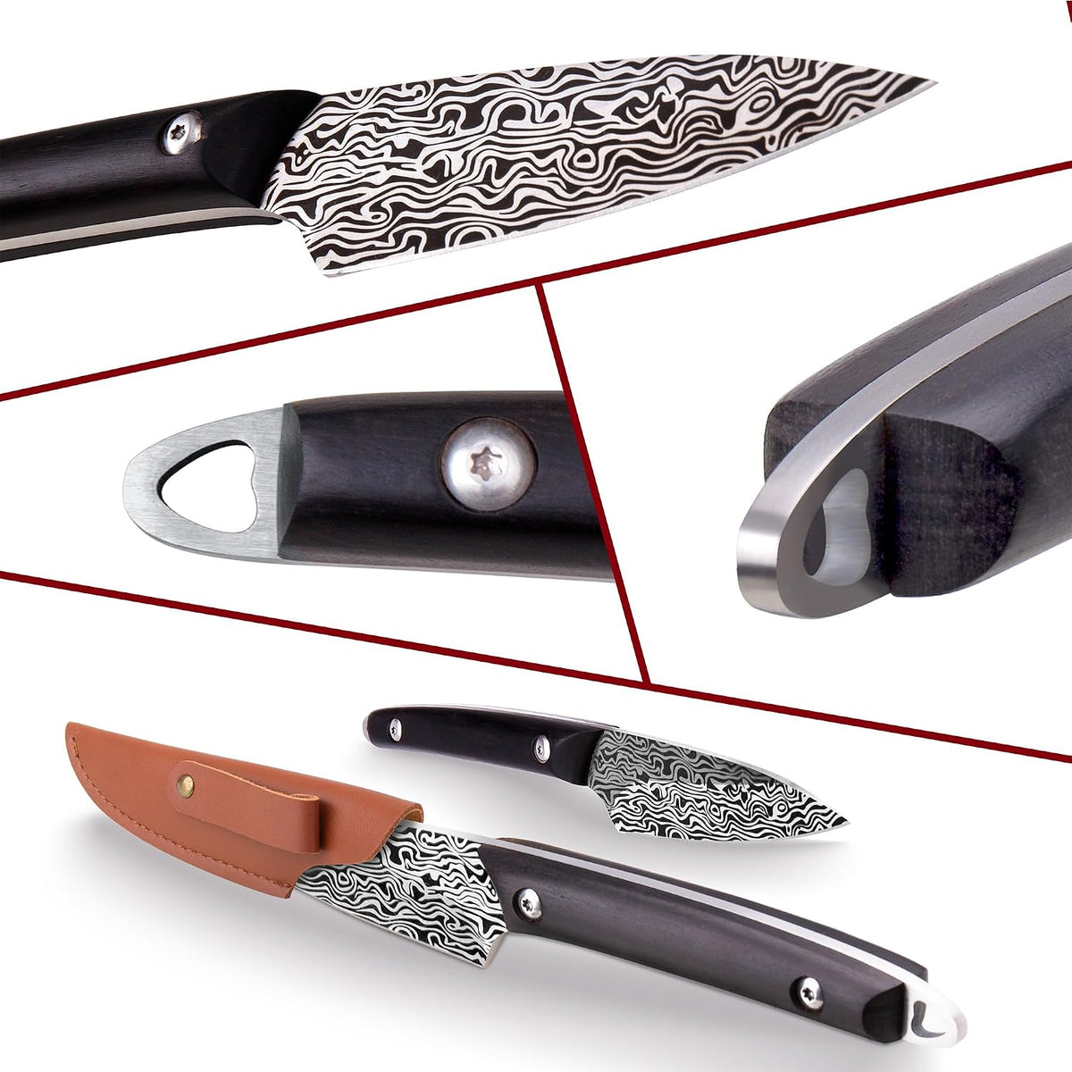 Paring knives Stainless Steel 3.2 Inch Utility Knife Full Tang Fruit Vegetable Cutting Carving Kitchen Knife with Leather Case (A)