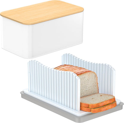 Bread Slicer for Homemade with Box, Foldable Bread Slicing Guide | Compact Bread Cutter with Crumb Tray, Adjustable Width Bread Cutting Guide for Loafs, Sandwiches, Bagels, and Cakes