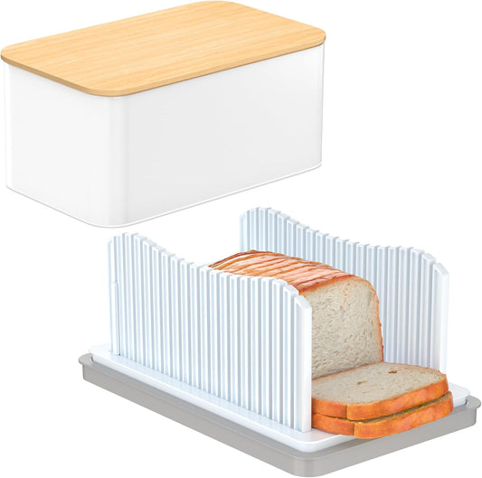 Bread Slicer for Homemade with Box, Foldable Bread Slicing Guide | Compact Bread Cutter with Crumb Tray, Adjustable Width Bread Cutting Guide for Loafs, Sandwiches, Bagels, and Cakes