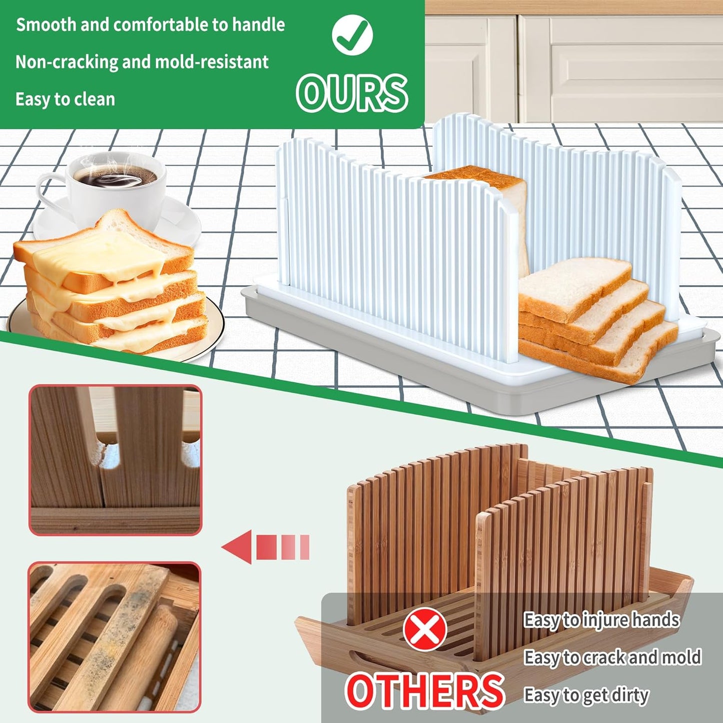 Bread Slicer for Homemade with Box, Foldable Bread Slicing Guide | Compact Bread Cutter with Crumb Tray, Adjustable Width Bread Cutting Guide for Loafs, Sandwiches, Bagels, and Cakes