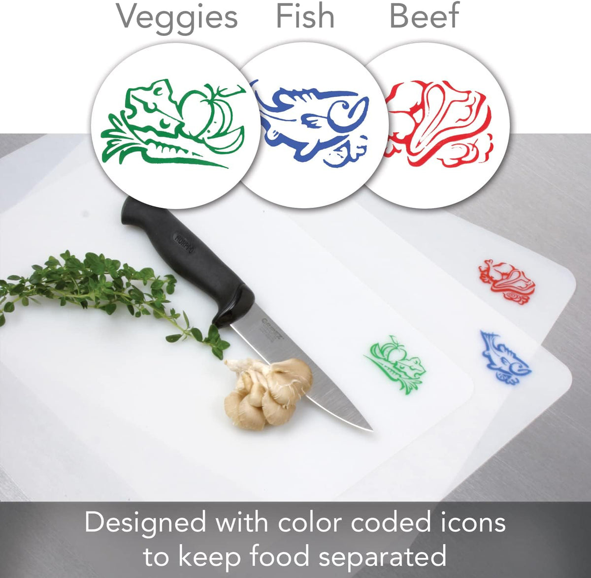 Cut N' Funnel Lightly Frosted Cutting Board Mats with Icons 3 Pack