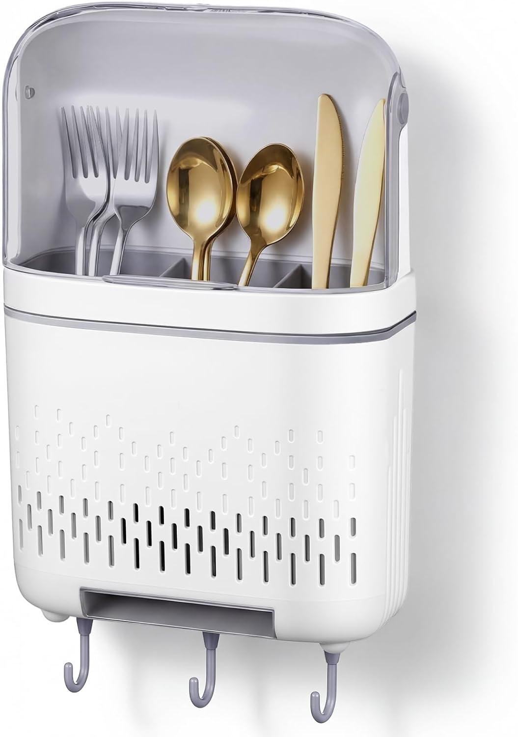 Wall Mount Utensil Rack Holder with Lid and Hook Waterproof Compartmental Storage Caddy Cutlery Drainer with Cover Detachable Kitchen Hanging Chopstick Silverware Organizer Moonlight White