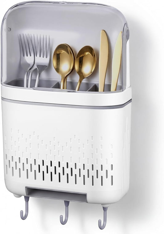 Wall Mount Utensil Rack Holder with Lid and Hook Waterproof Compartmental Storage Caddy Cutlery Drainer with Cover Detachable Kitchen Hanging Chopstick Silverware Organizer Moonlight White