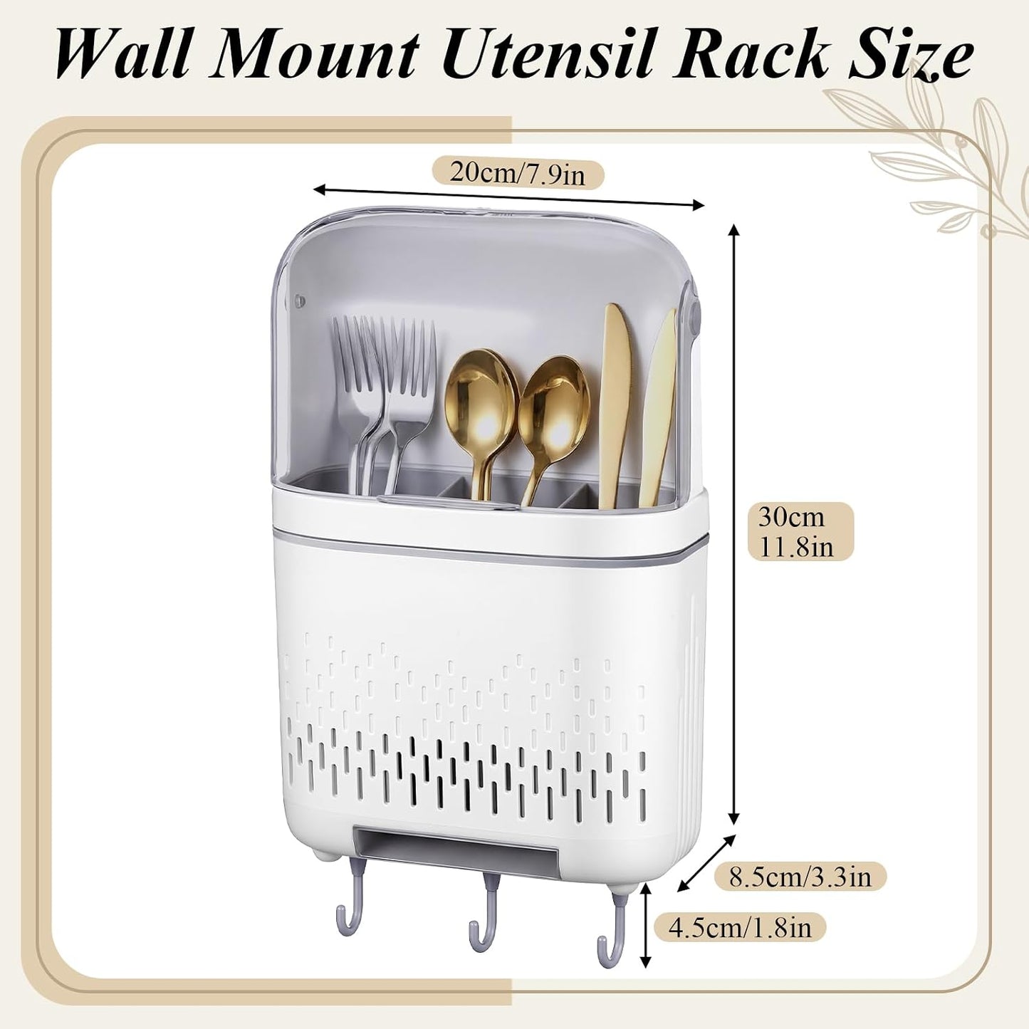 Wall Mount Utensil Rack Holder with Lid and Hook Waterproof Compartmental Storage Caddy Cutlery Drainer with Cover Detachable Kitchen Hanging Chopstick Silverware Organizer Moonlight White