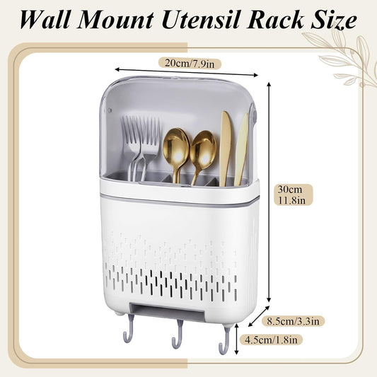Wall Mount Utensil Rack Holder with Lid and Hook Waterproof Compartmental Storage Caddy Cutlery Drainer with Cover Detachable Kitchen Hanging Chopstick Silverware Organizer Moonlight White