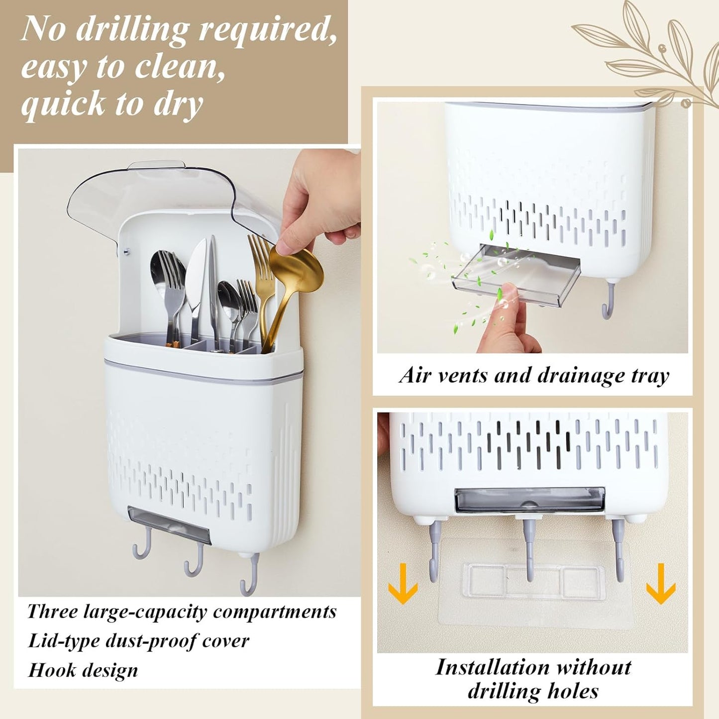 Wall Mount Utensil Rack Holder with Lid and Hook Waterproof Compartmental Storage Caddy Cutlery Drainer with Cover Detachable Kitchen Hanging Chopstick Silverware Organizer Moonlight White