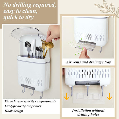 Wall Mount Utensil Rack Holder with Lid and Hook Waterproof Compartmental Storage Caddy Cutlery Drainer with Cover Detachable Kitchen Hanging Chopstick Silverware Organizer Moonlight White