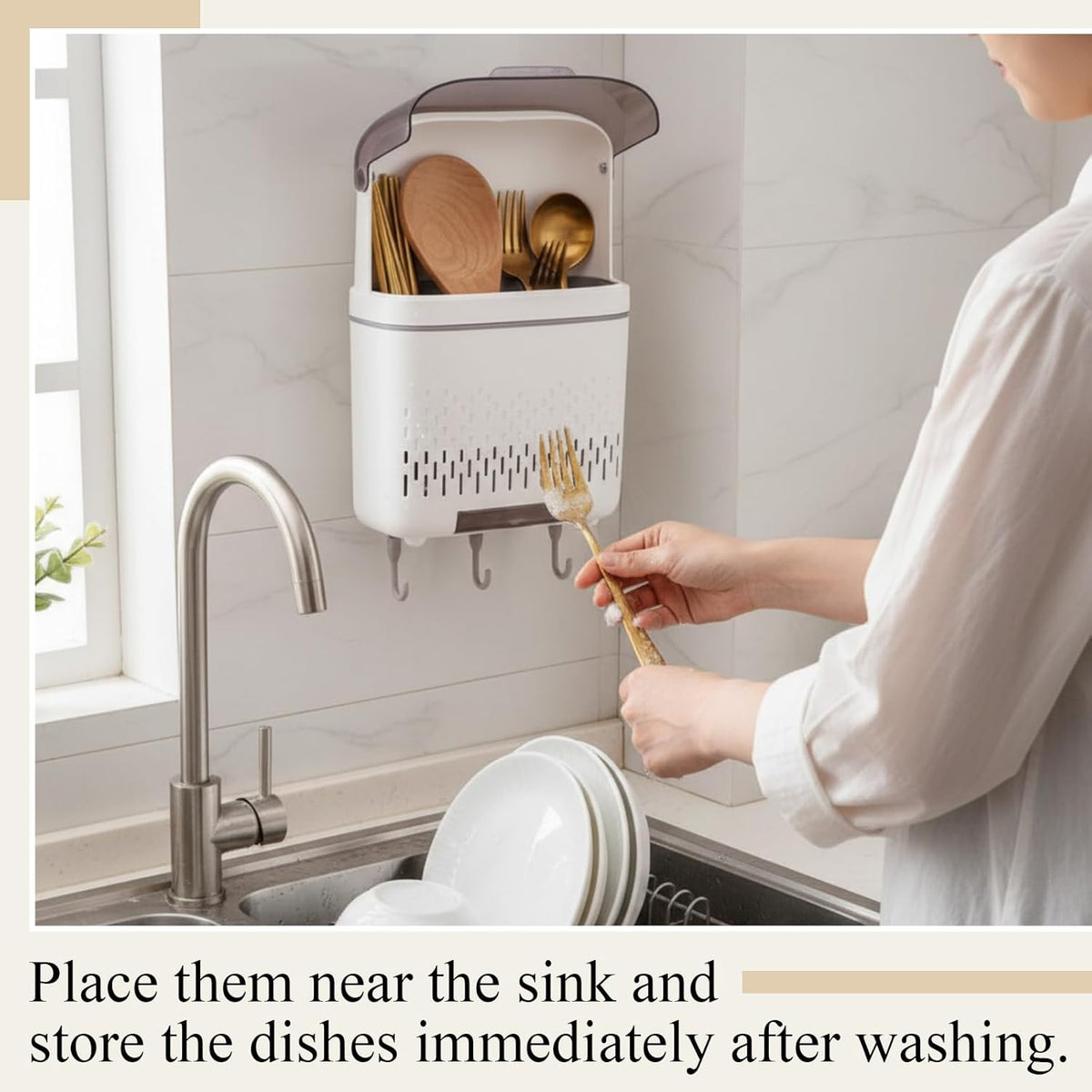 Wall Mount Utensil Rack Holder with Lid and Hook Waterproof Compartmental Storage Caddy Cutlery Drainer with Cover Detachable Kitchen Hanging Chopstick Silverware Organizer Moonlight White