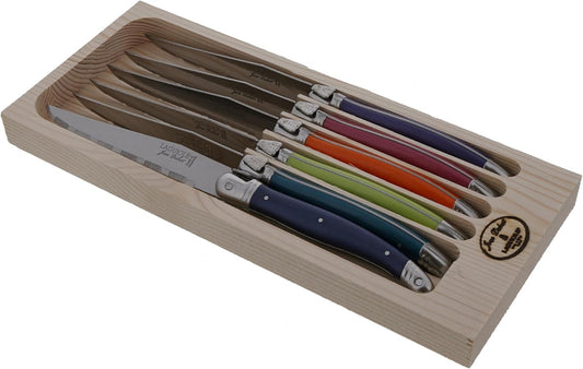 Laguiole 6-Piece Steak Knife Set, Paris Colors Handles - 1.2 mm Blades - Rust-Resistant Stainless Steel - Includes Wooden Tray - Made in France