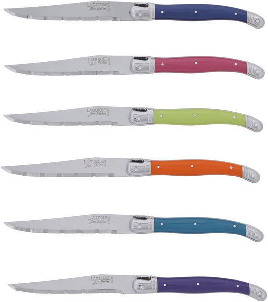 Laguiole 6-Piece Steak Knife Set, Paris Colors Handles - 1.2 mm Blades - Rust-Resistant Stainless Steel - Includes Wooden Tray - Made in France