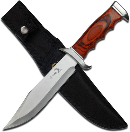 Outdoors Fixed Blade Knife - 12.5-in Overall, Satin Finish Stainless Steel Blade, Wood Handle, Includes Nylon Sheath - Hunting, Camping, Survival - ER-012