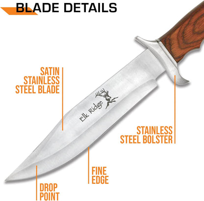 Outdoors Fixed Blade Knife - 12.5-in Overall, Satin Finish Stainless Steel Blade, Wood Handle, Includes Nylon Sheath - Hunting, Camping, Survival - ER-012
