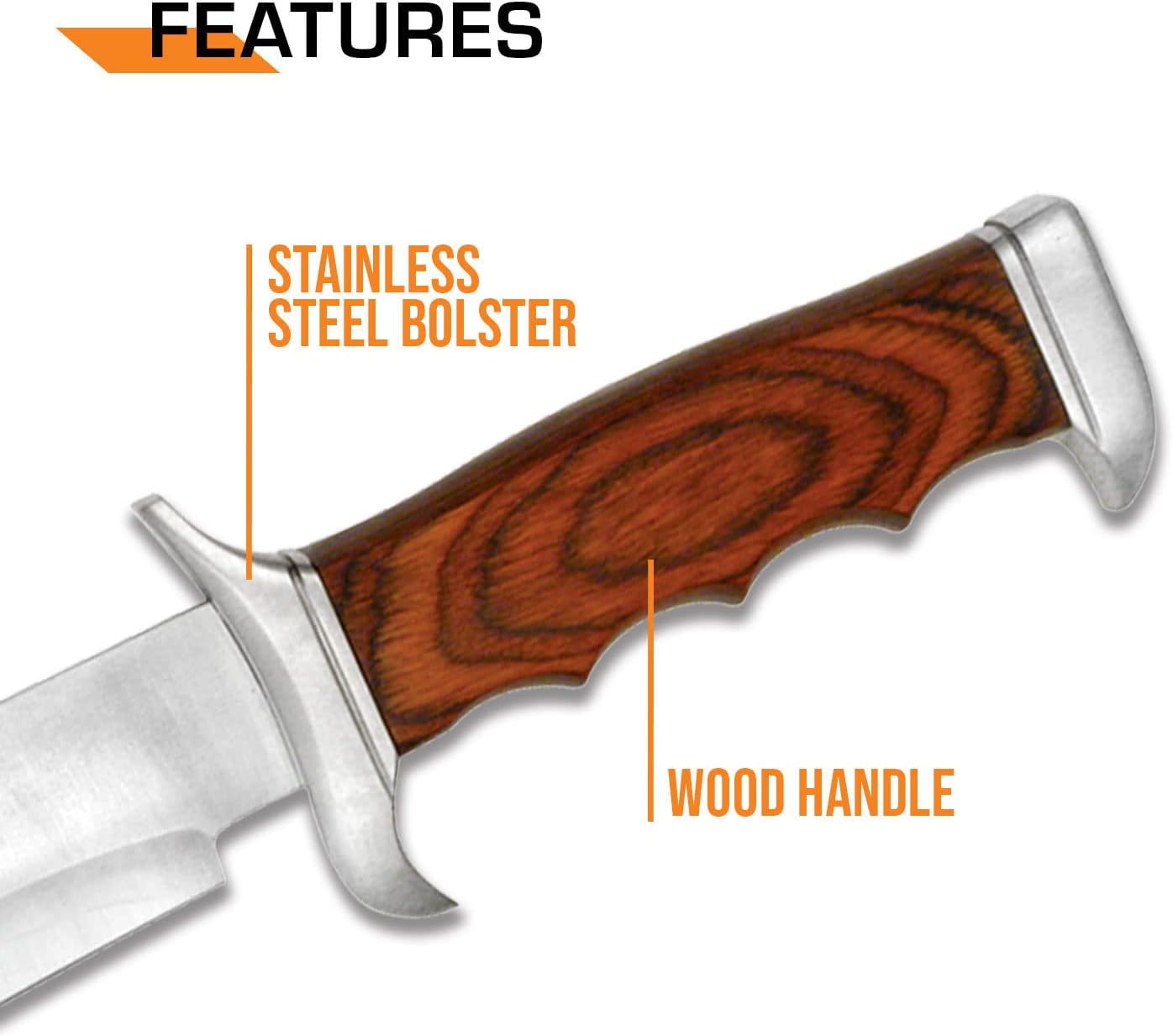 Outdoors Fixed Blade Knife - 12.5-in Overall, Satin Finish Stainless Steel Blade, Wood Handle, Includes Nylon Sheath - Hunting, Camping, Survival - ER-012