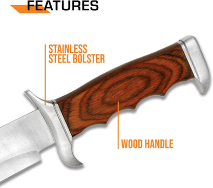 Outdoors Fixed Blade Knife - 12.5-in Overall, Satin Finish Stainless Steel Blade, Wood Handle, Includes Nylon Sheath - Hunting, Camping, Survival - ER-012