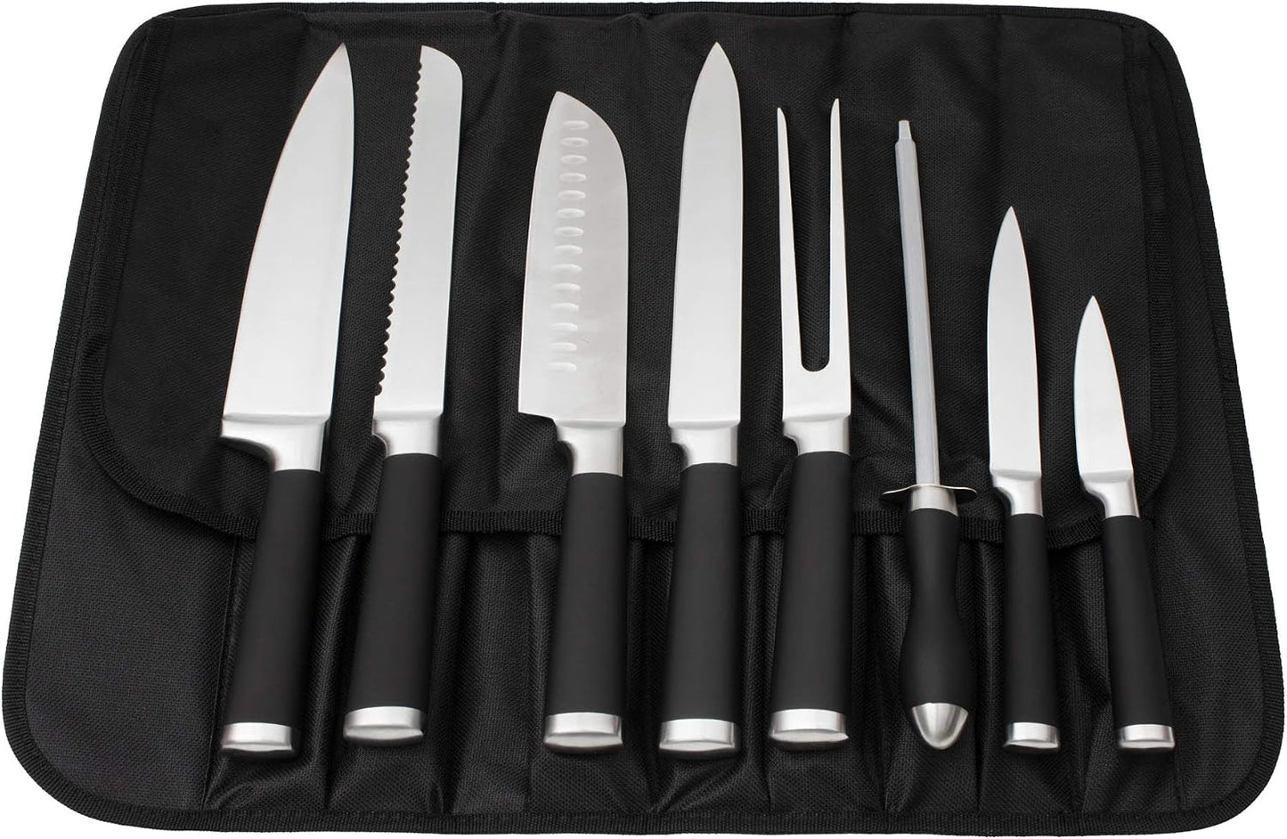 9-Piece Kitchen Knife Set in Carry Case - Ultra Sharp Chef Knives with Ergonomic Handles - Professional Japanese Chef's Knife Set with Paring, Carving, Bread, Santoku, Utility Knives, Fork, Sharpener