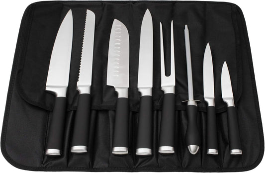 9-Piece Kitchen Knife Set in Carry Case - Ultra Sharp Chef Knives with Ergonomic Handles - Professional Japanese Chef's Knife Set with Paring, Carving, Bread, Santoku, Utility Knives, Fork, Sharpener
