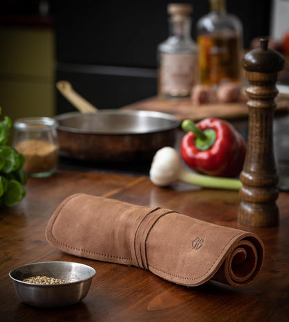 Knife Roll Bag Genuine Leather – Chef`s knife bag 7 slots/for up to 11" knives – Leather Knife Case Steve (brown)
