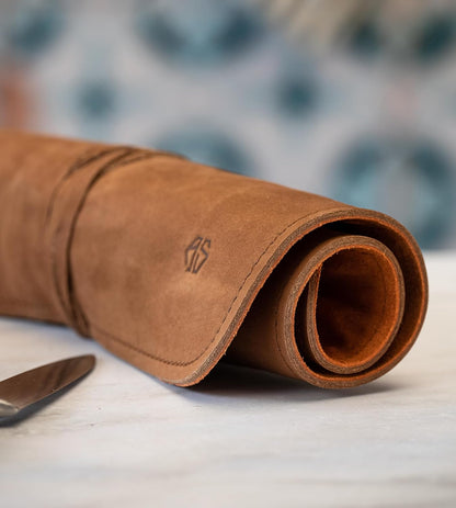 Knife Roll Bag Genuine Leather – Chef`s knife bag 7 slots/for up to 11" knives – Leather Knife Case Steve (brown)
