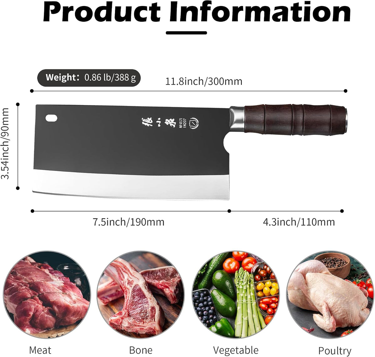 Chinese Meat Cleaver 7.3”, Sharp Chinese Vegetable Cleaver Made of High Carbon Stainless Steel, Chopper Knife for Meat Vegetable Fish and Poultry