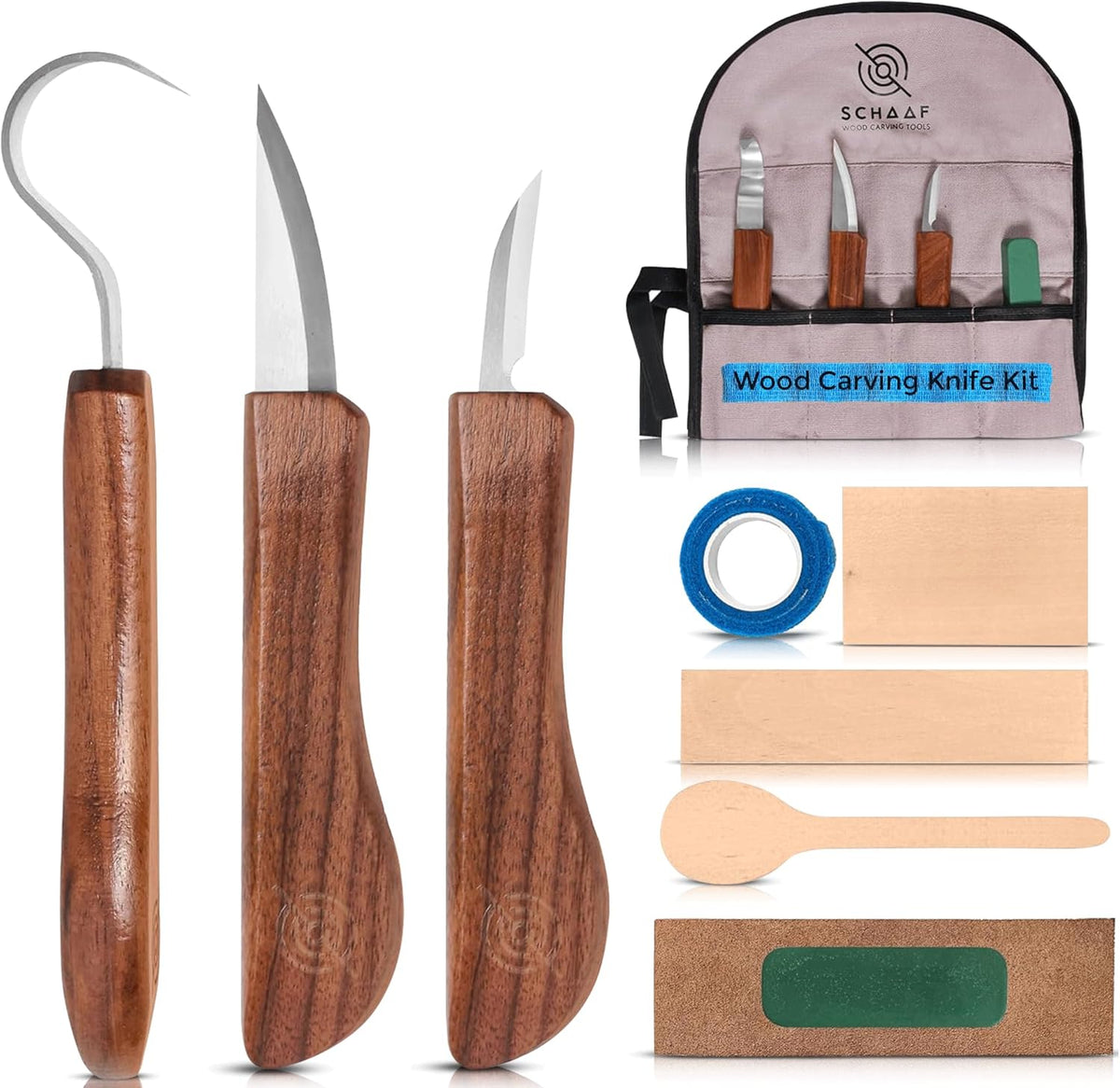 3-pc Beginner Wood Carving Kit for Whittling and Spoon Carving | All in one craft kit with roughout, hook & detail whittling knife, basswood blanks, strop, fun project tutorials included.