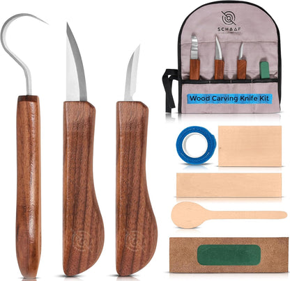 3-pc Beginner Wood Carving Kit for Whittling and Spoon Carving | All in one craft kit with roughout, hook & detail whittling knife, basswood blanks, strop, fun project tutorials included.