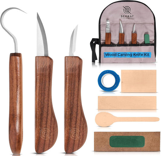 3-pc Beginner Wood Carving Kit for Whittling and Spoon Carving | All in one craft kit with roughout, hook & detail whittling knife, basswood blanks, strop, fun project tutorials included.