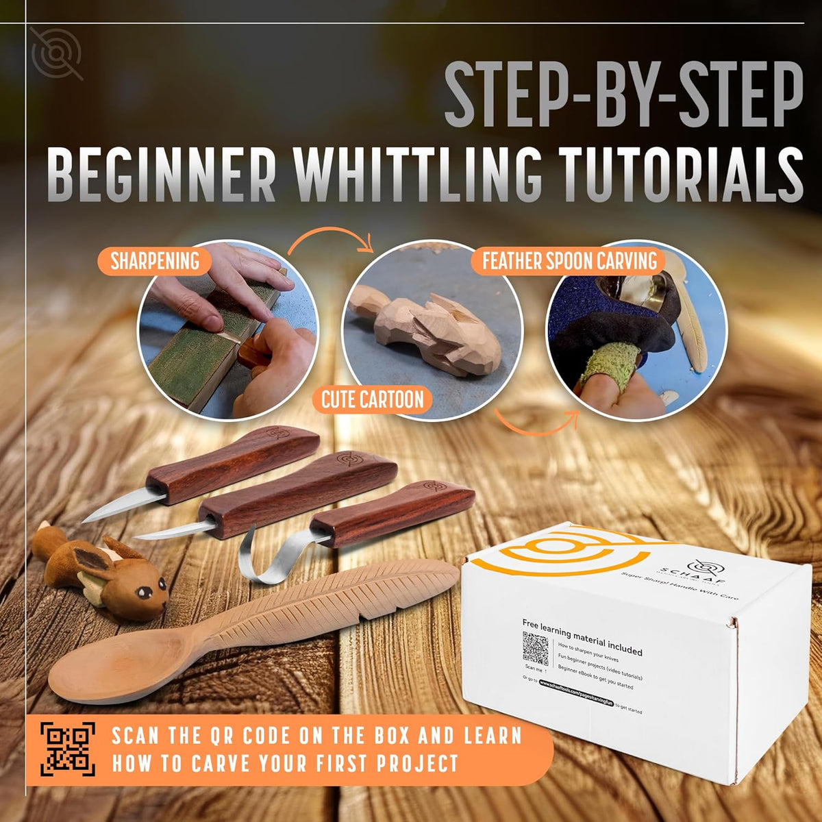 3-pc Beginner Wood Carving Kit for Whittling and Spoon Carving | All in one craft kit with roughout, hook & detail whittling knife, basswood blanks, strop, fun project tutorials included.