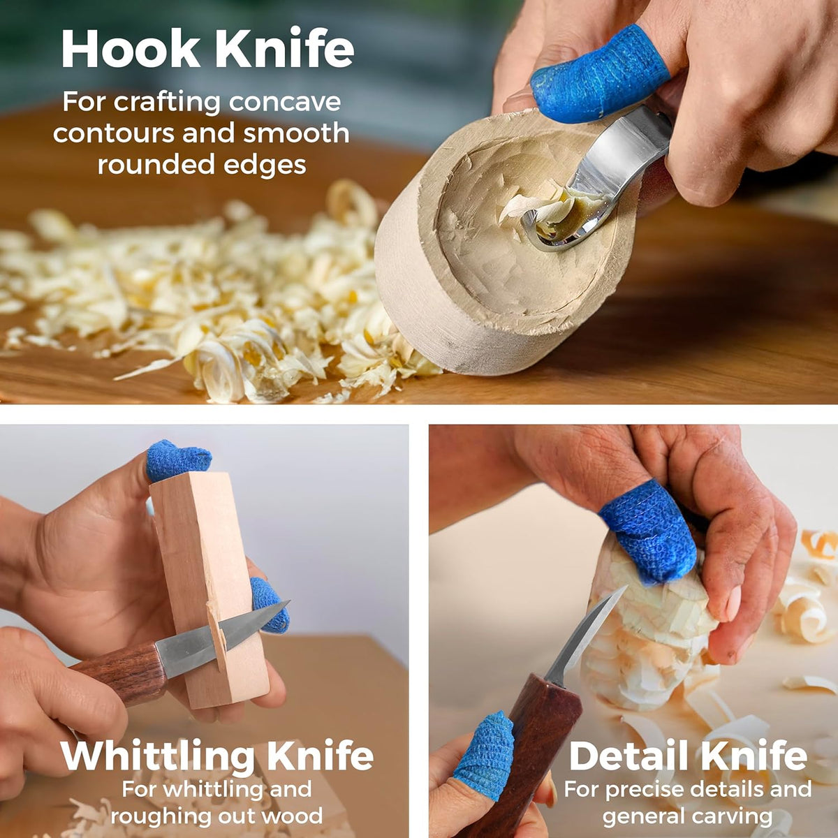 3-pc Beginner Wood Carving Kit for Whittling and Spoon Carving | All in one craft kit with roughout, hook & detail whittling knife, basswood blanks, strop, fun project tutorials included.